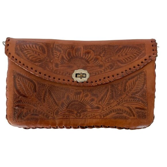 HANDMADE Unbranded Floral Leather Clutch Purse Twist Lock Brown - Picture 1 of 8